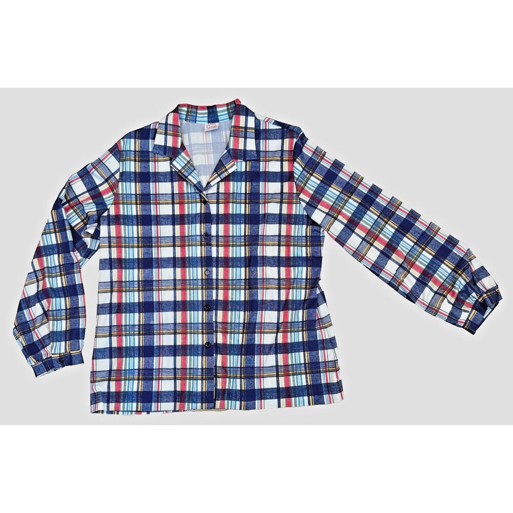 Vintage 70s Lady Graff Plaid Shirt Womens M Blue Red Button Front Retro Top Mod